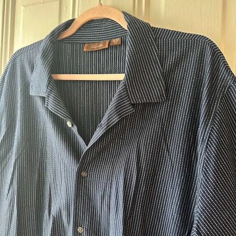 Tasso Ella Shirt Mens XXL Navy Blue Striped Button Up Short Sleeve Cotton - Picture 2 of 5